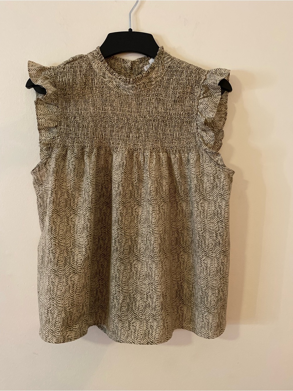 THML Beige Patterned Smocked Neck Ruffle Sleeveless Top